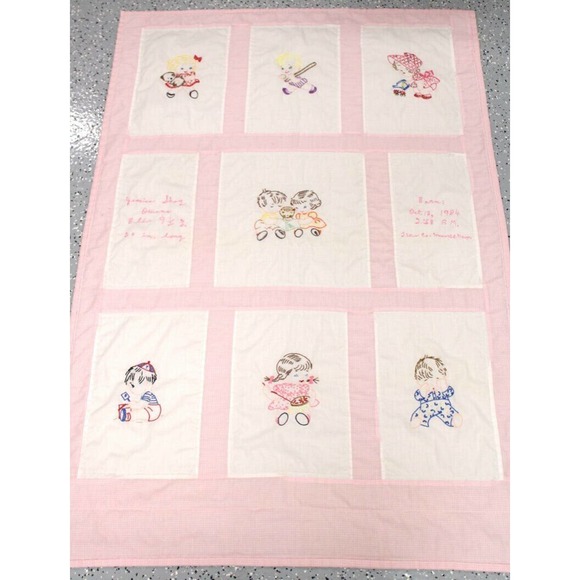 Vintage Hand Embroidered Baby Crib Quilt Pink Children Playing 1980s - Picture 1 of 12